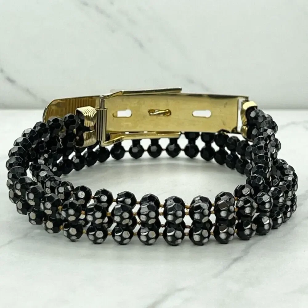 Black Beaded Belt Gold Tone Buckle Statement Small (S) ✨